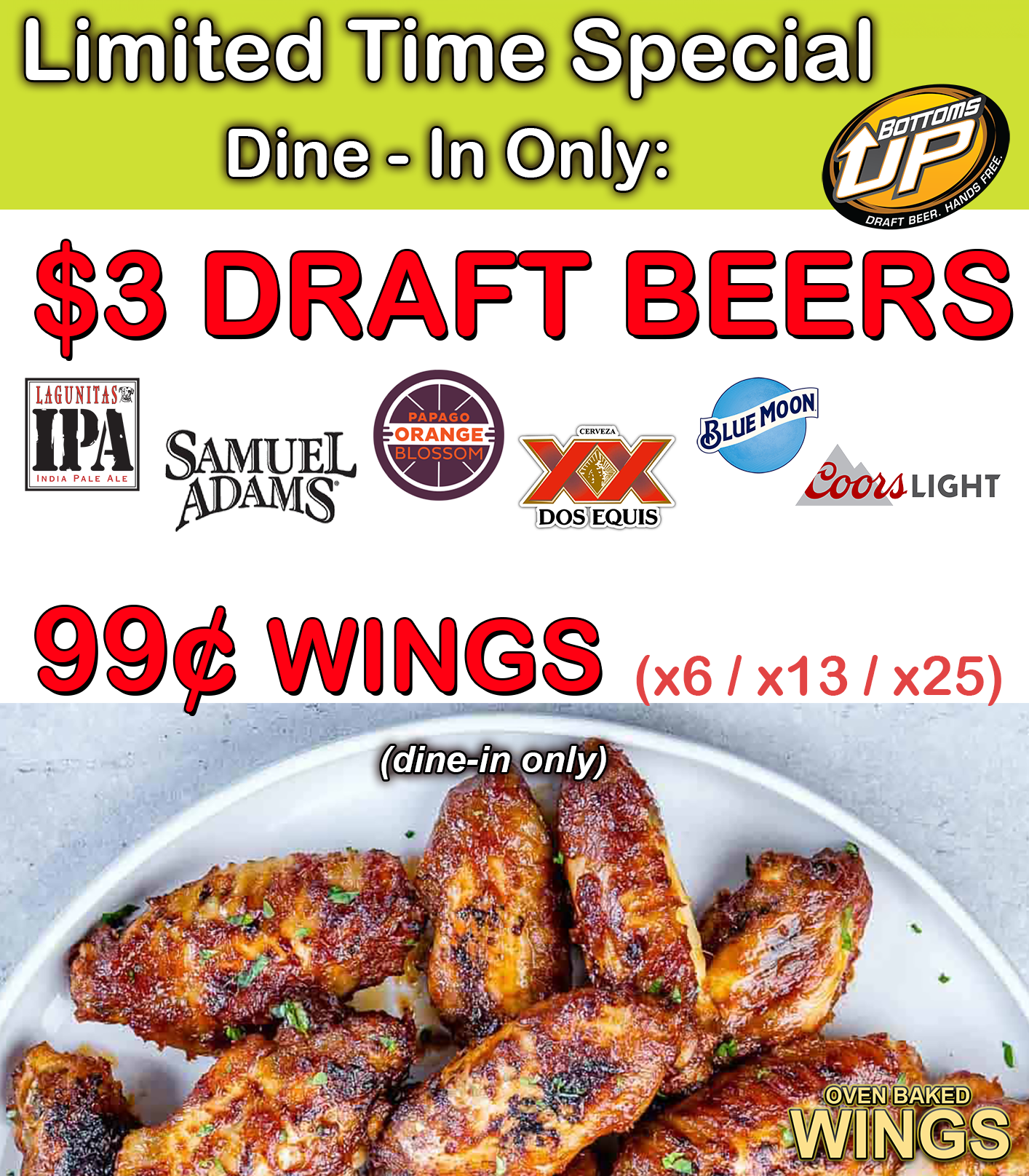 Limited Time Offer $3 Draft Beer, 99 cent Wings!!